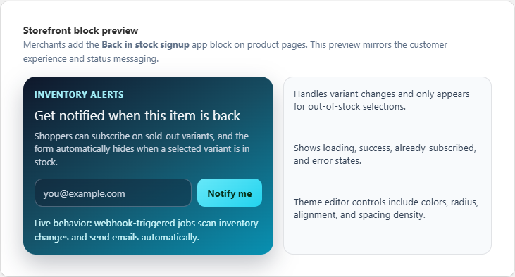 Back in Stock Notifications app preview