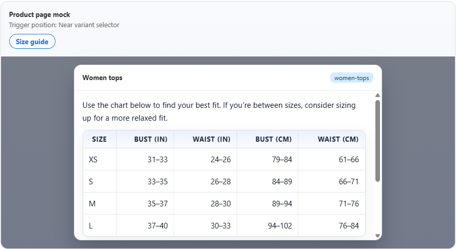 Size Guide Popup app preview